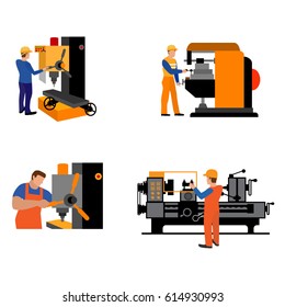 The process of working people for metal-cutting machines.Linear Flat industrial manufacture conveyor machine vector illustration.