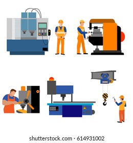 The process of working people for metal-cutting machines.Linear Flat industrial manufacture conveyor machine vector illustration.