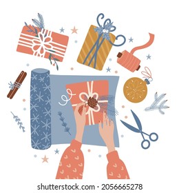 Process of Wrapping christmas gift boxes. Two female hands Preparing for celebration christmas eve or new year. Top view table with items: scissors, branches, paper roll. Flat lay. Flat vector image