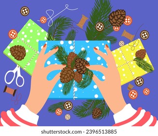 Process of Wrapping Christmas gift boxes. Hands Preparing for celebration Christmas. Top view table with items:  Pine-cons, Buttons, Scissors, Threads, Branches of Fir Tree. Flat vector image