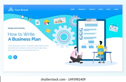 Process of writing business plan that works vector, businessman programer looking at screen of laptop. Wheels and cogwheels, clipboard with marks. Website or webpage template, landing page flat style