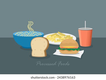 Processed food. Unhealthy meal. Fast food illustration.