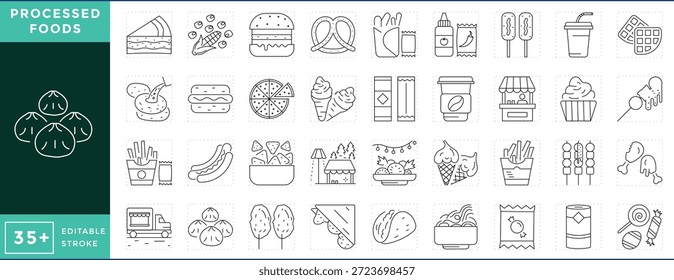 Conjunto de ícones de Alimentos Processados. Conceito de Lixo Eletrônico e Street Foods. Traçado editável de vetor.