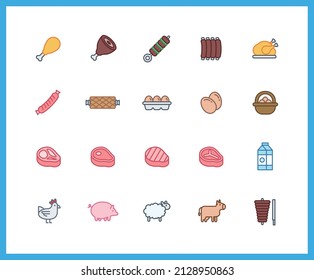 processed meat color icons. Set of Meat, livestock symbols drawn with thin contour lines. Vector illustration.