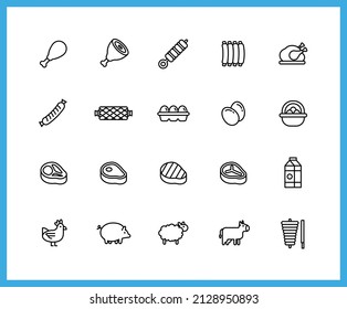 processed meat color icons. Set of Meat, livestock symbols drawn with thin contour lines. Vector illustration.