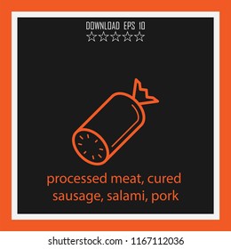 processed meat, cured sausage, salami, pork vector icon