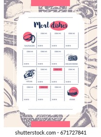 Processed Meat - vector hand drawn vintage template menu with copy space. Realistic boiled, smoked, summer sausage, bologna, headcheese, ham, gammon, bacon, steak. Make a display for your store.