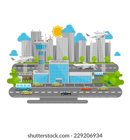 Processes cityscape airport. Vector illustration