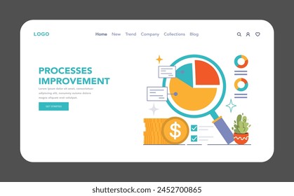Processes Improvement concept. Magnifying glass over pie chart displaying analysis, alongside coin stack and checklist. Key indicators for effective workflow adjustment. Flat vector illustration