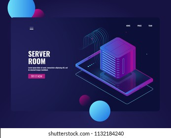 Processing big data, mobile phone with icon of server room, database, concept mobile application launch technology object illustration