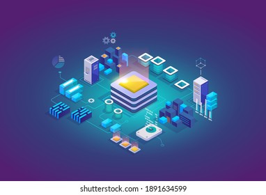 Processing Center, Storage Servers, Blockchain Future Technology Isometric Concept. Landing Page Template. Header For Website. Isometric Vector Illustration 