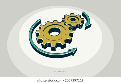 Processing concept poster, gears with arrows vector icon style illustration, operation process.