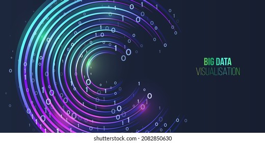 Processing of data arrays, sorting. Filtering machine algorithms. Data stream in the form of an array of circles and binary code. Vector database background. Neon color design. Big data visualization.