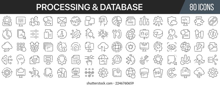 Processing and database line icons collection. Big UI icon set in a flat design. Thin outline icons pack. Vector illustration EPS10