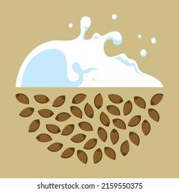 Processing of hemp seeds into vegetable milk. Spilling milk with byzgami in all directions. Cannabis seeds inscribed in a semicircle.Illustration in flat graphic style.