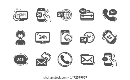 Processing Icons. Call Center, Support And Chat Message. 24 Hour Service Classic Icon Set Quality Set. Vector