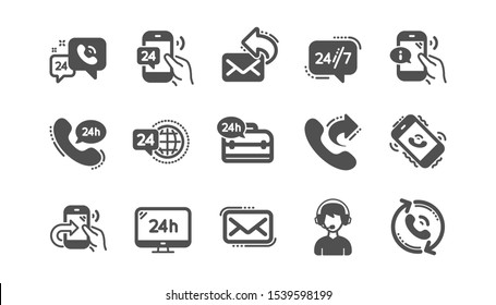 Processing icons. Call center, Support and Chat message. 24 hour service classic icon set Quality set. Vector
