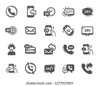 Processing icons. Set of Callback or feedback, Call support and Chat message icons. 24 hour service, Call centre, 24/7. Telephone callback, support message, feedback phone center. Vector