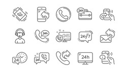 Processing Line Icons. Call Center, Support And Chat Message. 24 Hour Service Linear Icon Set  Vector