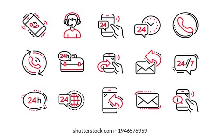 Processing line icons. Call center, Support and Chat message. 24 hour service linear icon set Linear set. Quality line set. Vector