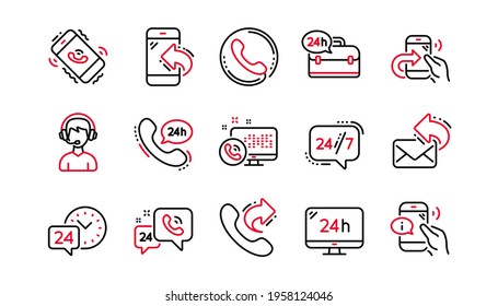 Processing line icons. Call center, Support and Chat message. 24 hour service linear icon set Linear set. Quality line set. Vector