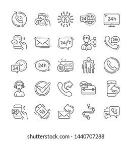 Processing line icons. Set of Call support, callback or feedback and Chat message icons. 24 hour service, Call centre, 24/7. Telephone callback, support message, feedback phone center. Vector