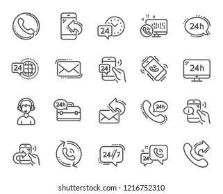 Processing line icons. Set of Callback or feedback, Support and Chat message linear icons. 24 hour service, Call centre and 24/7 symbols. Telephone, Chat bubble message. Call support vector