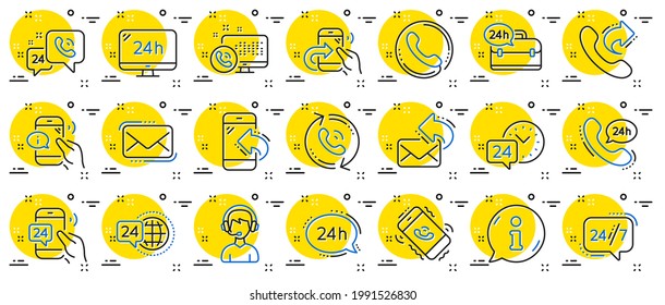 Processing line icons. Set of Callback or feedback, Call support and Chat message icons. 24 hour service, Call centre, 24h. Telephone callback, support message, feedback phone center. Vector