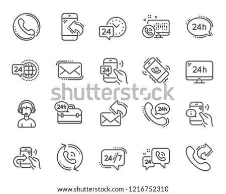 Processing line icons. Set of Callback or feedback, Support and Chat message linear icons. 24 hour service, Call centre and 24/7 symbols. Telephone, Chat bubble message. Call support vector