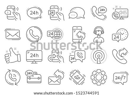 Processing line icons. Set of Callback or feedback, Call support and Chat message icons. 24 hour service, Call centre, 24/7. Telephone callback, support message, feedback phone center. Vector