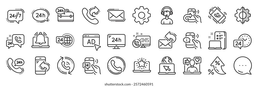 Processing line icons. Settings gear, Message, Inflation icons. Set of Callback or feedback, Call support and Chat message icons. 24 hour service, Call centre, 24h. Vector