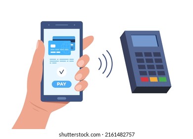 Processing of NFC payment. Contactless payment by smartphone, near-field communication protocol, and e-payment. Vector flat illustration