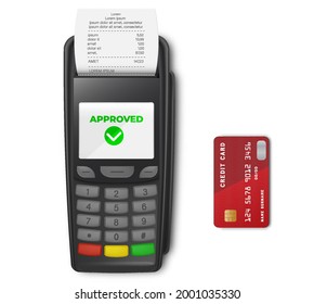Processing NFC payments device POS terminal confirms the payment by debit credit card, invoice. NFC payments by card. Mockup. Top View