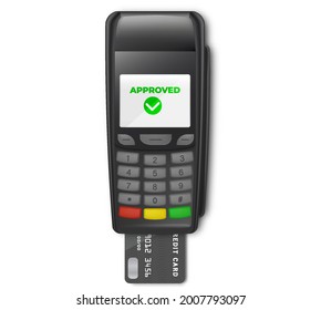 Processing NFC payments device POS terminal confirms the payment by debit credit card, invoice. NFC payments by card. Mockup. Top View