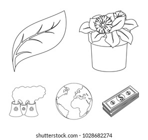 A processing plant, flowers in a pot, a green leaf, a planet Earth.Bio and ecology set collection icons in outline style vector symbol stock illustration web.