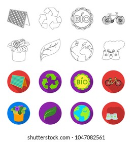 A processing plant, flowers in a pot, a green leaf, a planet Earth.Bio and ecology set collection icons in outline,flet style vector symbol stock illustration web.