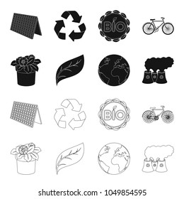 A processing plant, flowers in a pot, a green leaf, a planet Earth.Bio and ecology set collection icons in black,outline style vector symbol stock illustration web.