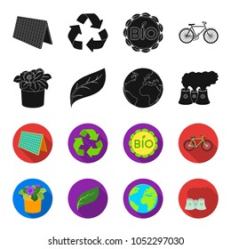 A processing plant, flowers in a pot, a green leaf, a planet Earth.Bio and ecology set collection icons in black,flet style vector symbol stock illustration web.