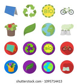 A processing plant, flowers in a pot, a green leaf, a planet Earth.Bio and ecology set collection icons in cartoon,flat style vector symbol stock illustration web.