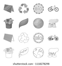 A processing plant, flowers in a pot, a green leaf, a planet Earth.Bio and ecology set collection icons in outline,monochrome style vector symbol stock illustration web.