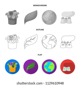 A processing plant, flowers in a pot, a green leaf, a planet Earth.Bio and ecology set collection icons in flat,outline,monochrome style vector symbol stock illustration web.