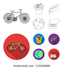 A processing plant, flowers in a pot, a green leaf, a planet Earth.Bio and ecology set collection icons in outline,flat style vector symbol stock illustration web.