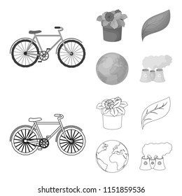 A processing plant, flowers in a pot, a green leaf, a planet Earth.Bio and ecology set collection icons in outline,monochrome style vector symbol stock illustration web.