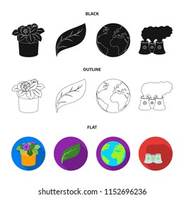 A processing plant, flowers in a pot, a green leaf, a planet Earth.Bio and ecology set collection icons in black,flat,outline style vector symbol stock illustration web.