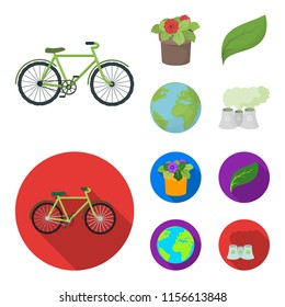 A processing plant, flowers in a pot, a green leaf, a planet Earth.Bio and ecology set collection icons in cartoon,flat style vector symbol stock illustration web.