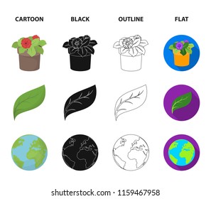 A processing plant, flowers in a pot, a green leaf, a planet Earth.Bio and ecology set collection icons in cartoon,black,outline,flat style vector symbol stock illustration web.
