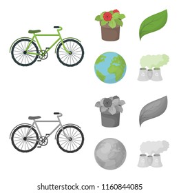 A processing plant, flowers in a pot, a green leaf, a planet Earth.Bio and ecology set collection icons in cartoon,monochrome style vector symbol stock illustration web.