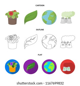 A processing plant, flowers in a pot, a green leaf, a planet Earth.Bio and ecology set collection icons in cartoon,outline,flat style vector symbol stock illustration web.