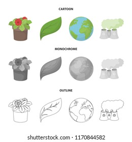 A processing plant, flowers in a pot, a green leaf, a planet Earth.Bio and ecology set collection icons in cartoon,outline,monochrome style vector symbol stock illustration web.
