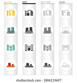 Processing plant, industrial production facilities. Plant and factory set collection icons in cartoon black monochrome outline style vector symbol stock illustration web.